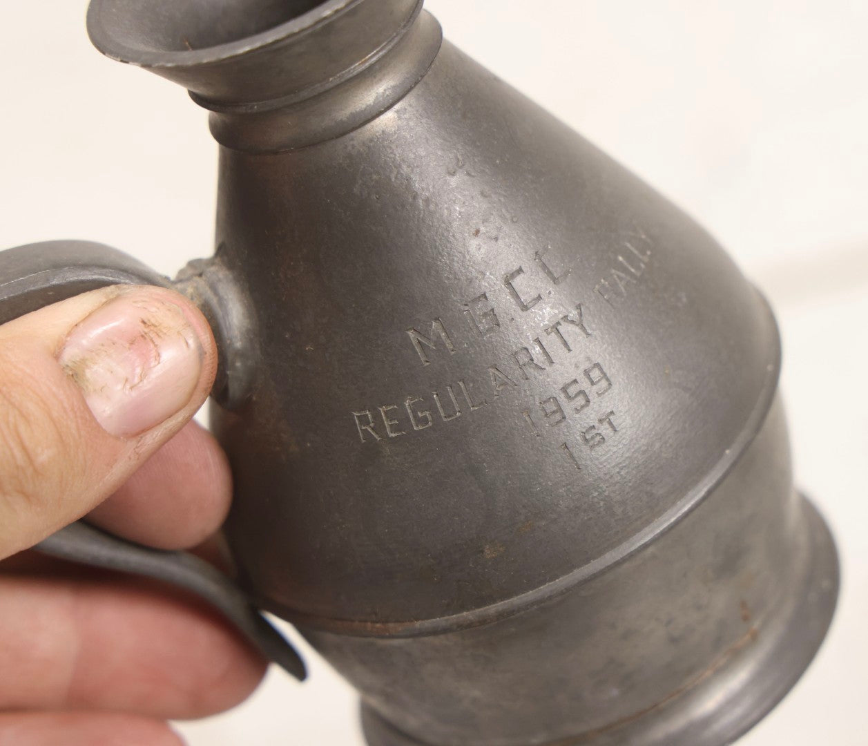 Lot 098 - Grouping Of 10 Vintage Pewter Gymkhana And Rally Trophies, 1959–1964, Various Makers Including Queen Art Pewter, Trinac Pewter, And Royal Holland Pewter