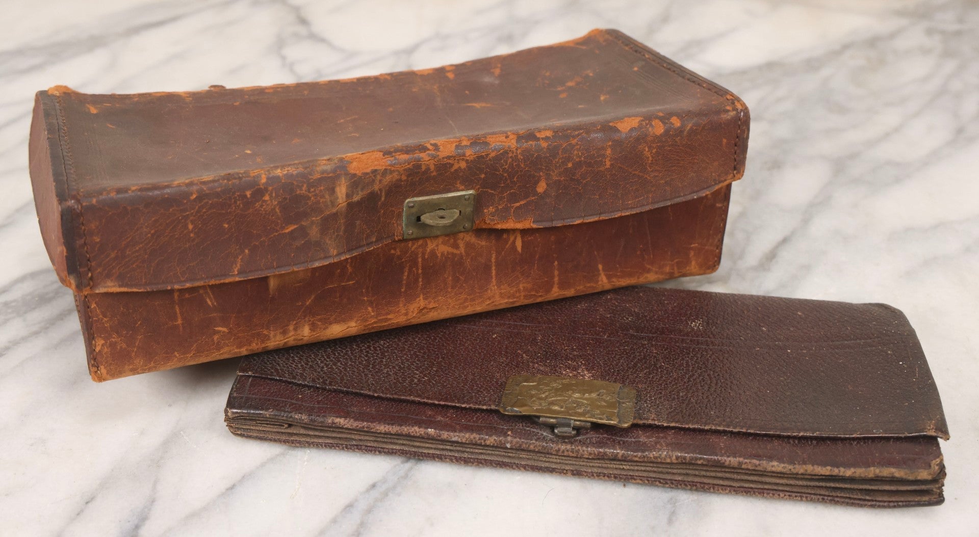 Lot 104 - Pair Of Antique Leather Pouches Including Accordion Handbag With Brass Clasp Depicting Birds And Flowering Branches And Standing Leather Box With Brass Clasp