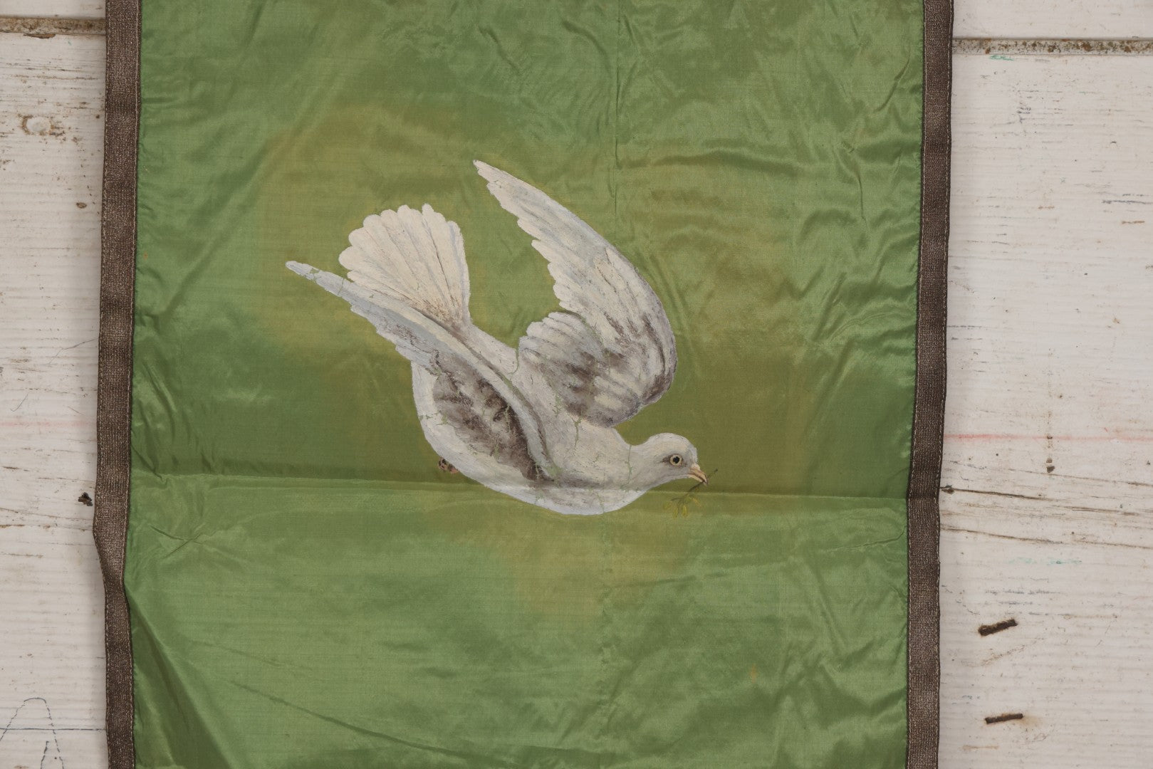 Lot 106 - Vintage Hand-Painted Odd Fellows I.O.O.F.. Rebekah Lodge Banner With Dove And Olive Branch On Green Fabric