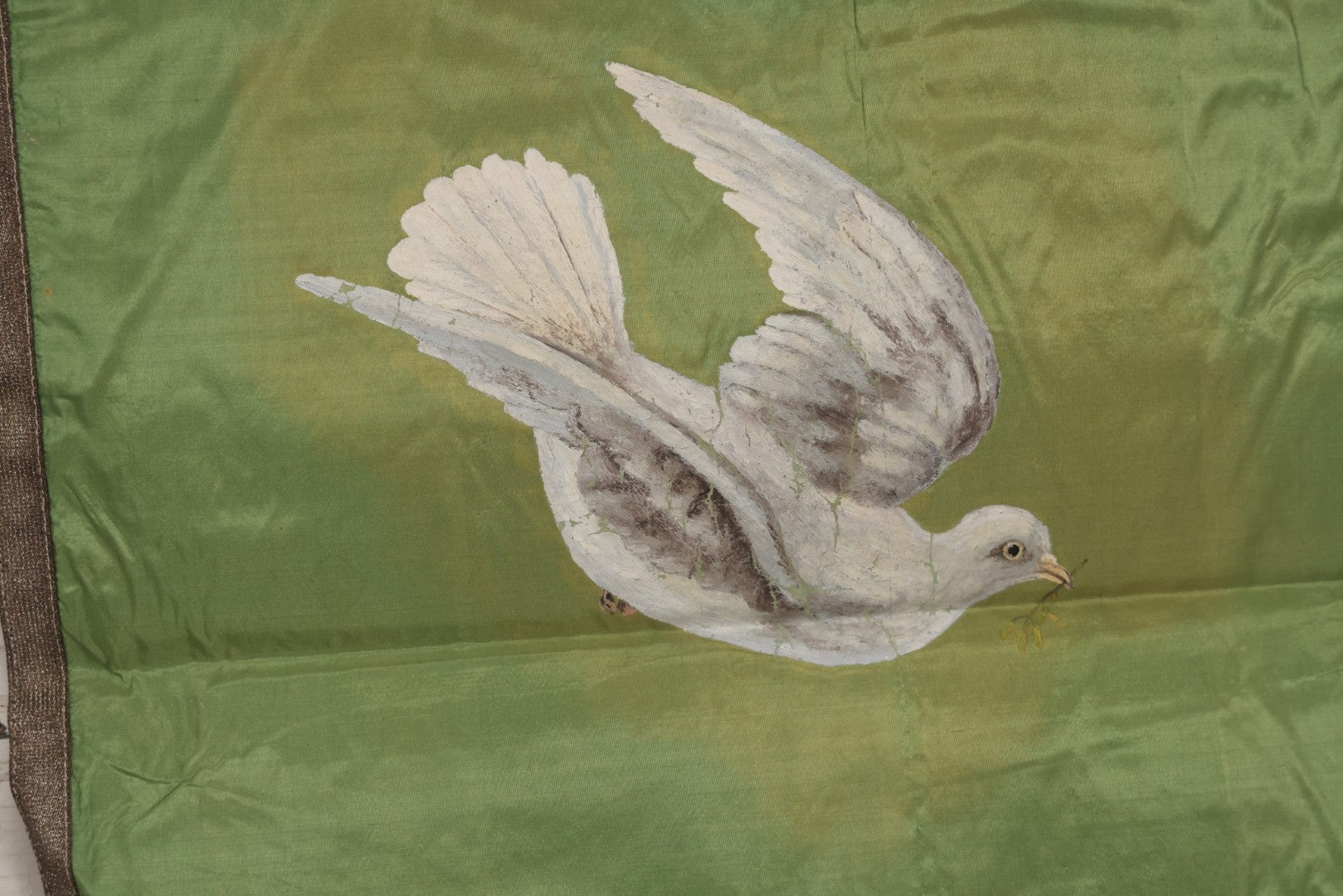 Lot 106 - Vintage Hand-Painted Odd Fellows I.O.O.F.. Rebekah Lodge Banner With Dove And Olive Branch On Green Fabric