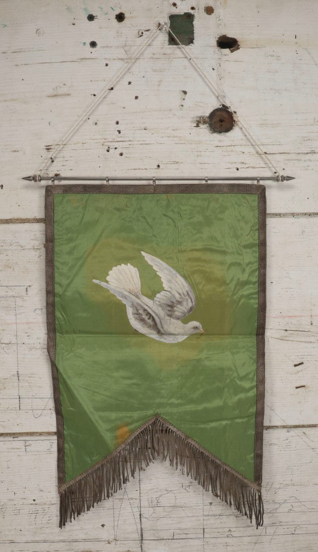 Lot 106 - Vintage Hand-Painted Odd Fellows I.O.O.F.. Rebekah Lodge Banner With Dove And Olive Branch On Green Fabric