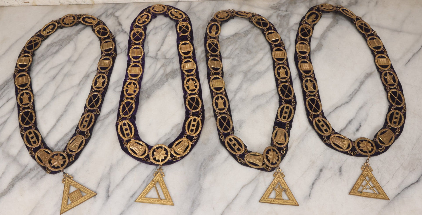 Lot 109 - Grouping Of Four Antique Odd Fellows I.O.O.F.. Purple Chain Collars By Harding Uniform & Regalia Co., Boston, And Fuller Regalia & Costume, Worcester, Massachusetts, With Symbolic Medallions