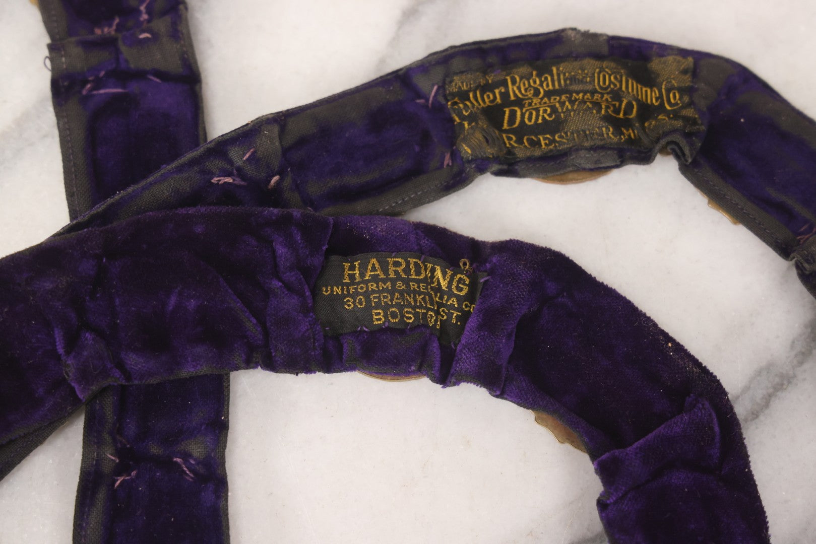Lot 109 - Grouping Of Four Antique Odd Fellows I.O.O.F.. Purple Chain Collars By Harding Uniform & Regalia Co., Boston, And Fuller Regalia & Costume, Worcester, Massachusetts, With Symbolic Medallions