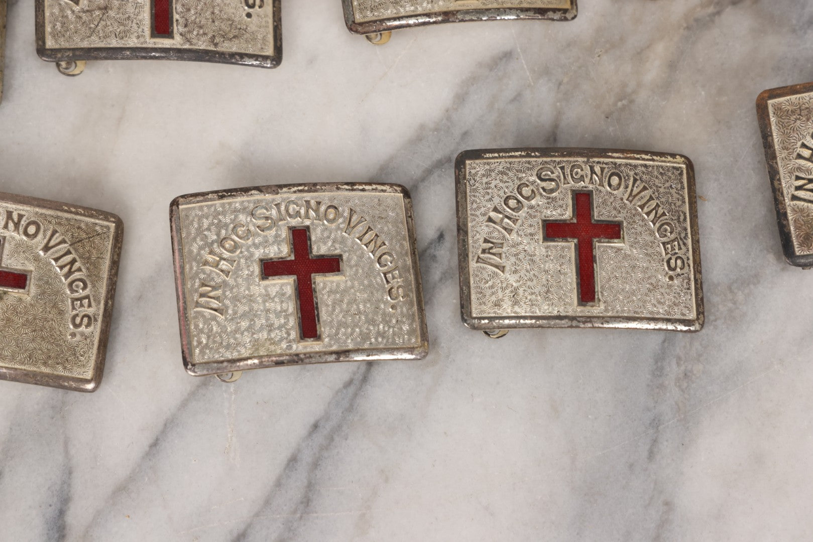 Lot 110 - Grouping Of 22 Vintage And Antique Knights Templar Masonic Belt Buckles With Red Cross And Motto "In Hoc Signo Vinces" ("In This Sign You Shall Conquer")
