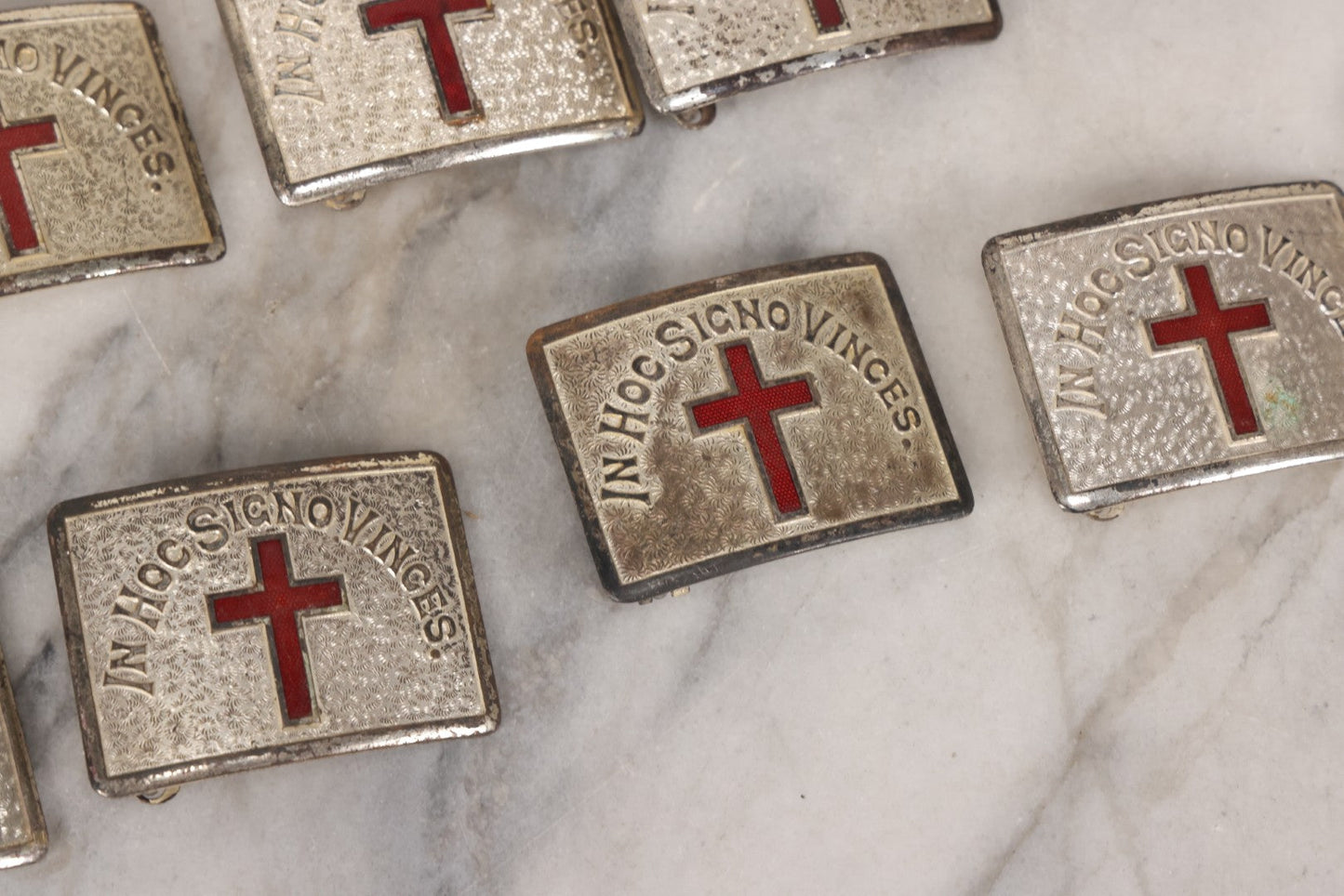 Lot 110 - Grouping Of 22 Vintage And Antique Knights Templar Masonic Belt Buckles With Red Cross And Motto "In Hoc Signo Vinces" ("In This Sign You Shall Conquer")