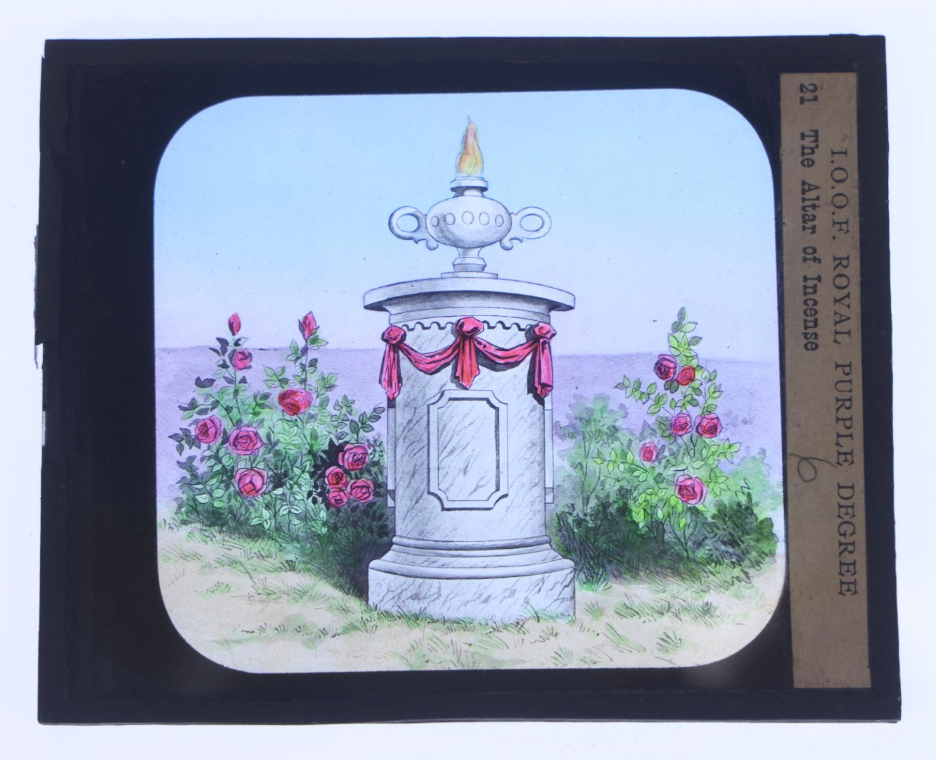 Lot 111 - Grouping Of 18 Antique Hand-Colored Magic Lantern Slides Relating To The Odd Fellows I.O.O.F.., Including Royal Purple Degree And Altar Scenes