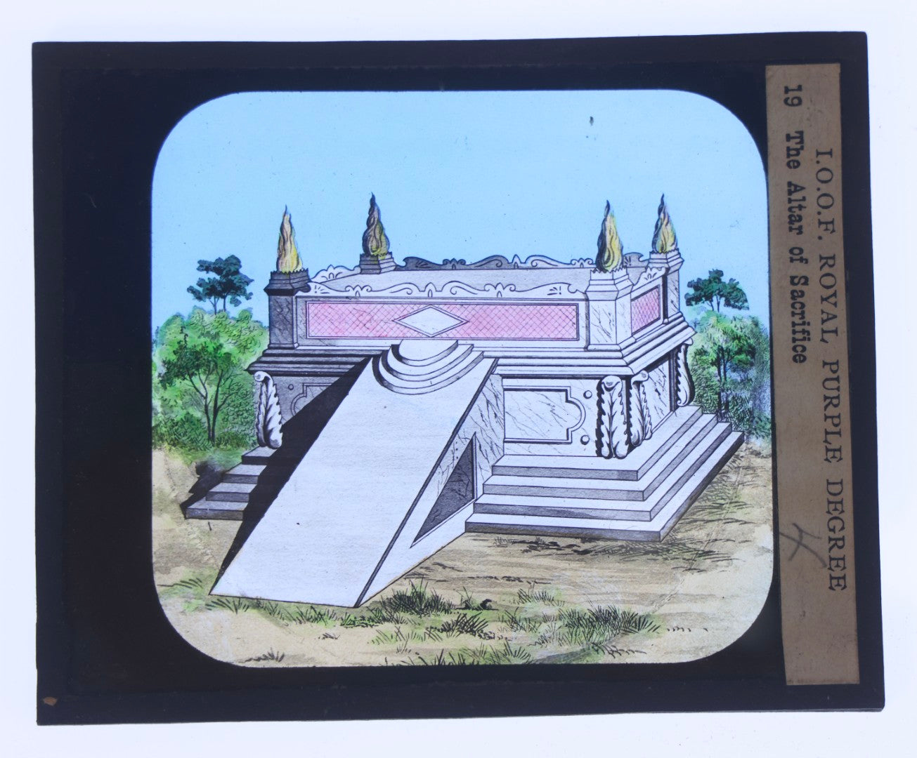 Lot 111 - Grouping Of 18 Antique Hand-Colored Magic Lantern Slides Relating To The Odd Fellows I.O.O.F.., Including Royal Purple Degree And Altar Scenes