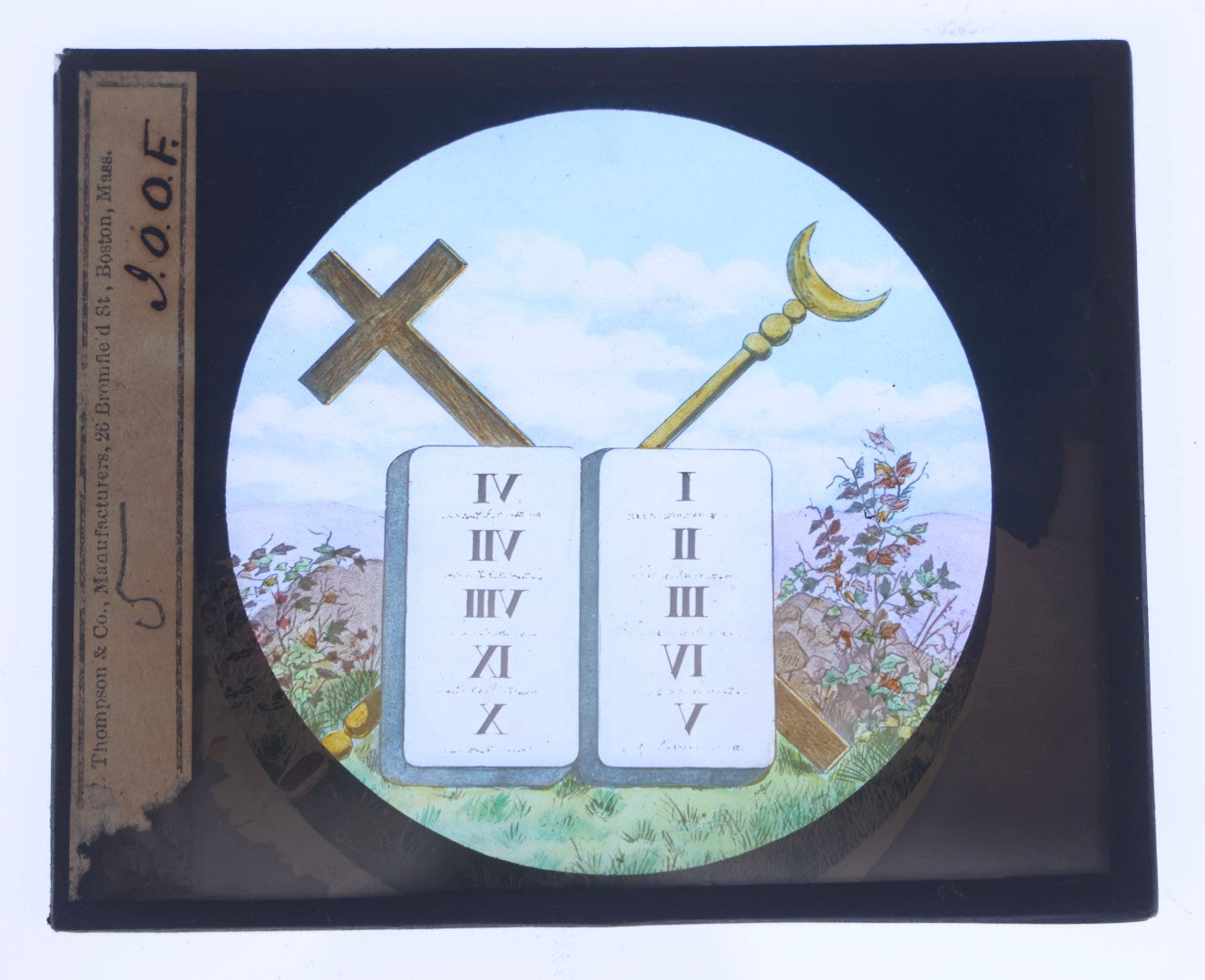 Lot 111 - Grouping Of 18 Antique Hand-Colored Magic Lantern Slides Relating To The Odd Fellows I.O.O.F.., Including Royal Purple Degree And Altar Scenes