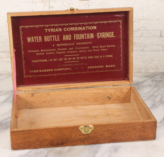 Lot 116 - Vintage Wooden Storage Box For Tyrian Combination Water Bottle And Fountain Syringe By Tyer Rubber Company, Andover, Massachusetts