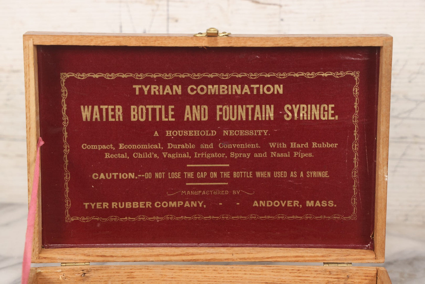 Lot 116 - Vintage Wooden Storage Box For Tyrian Combination Water Bottle And Fountain Syringe By Tyer Rubber Company, Andover, Massachusetts