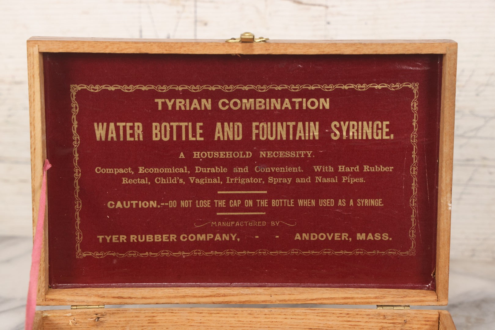 Lot 116 - Vintage Wooden Storage Box For Tyrian Combination Water Bottle And Fountain Syringe By Tyer Rubber Company, Andover, Massachusetts