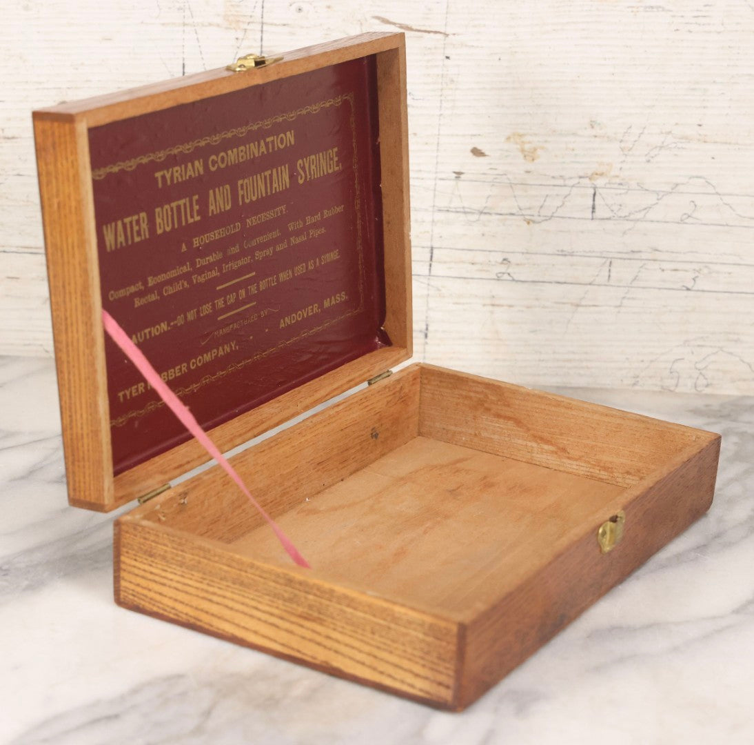Lot 116 - Vintage Wooden Storage Box For Tyrian Combination Water Bottle And Fountain Syringe By Tyer Rubber Company, Andover, Massachusetts