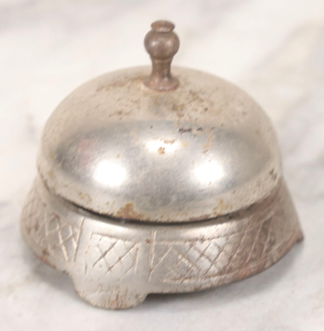 Lot 124 - Antique Desk Bell With Cast Iron Crosshatch Base And Chrome Push-Button Bell, 2-1/2" H