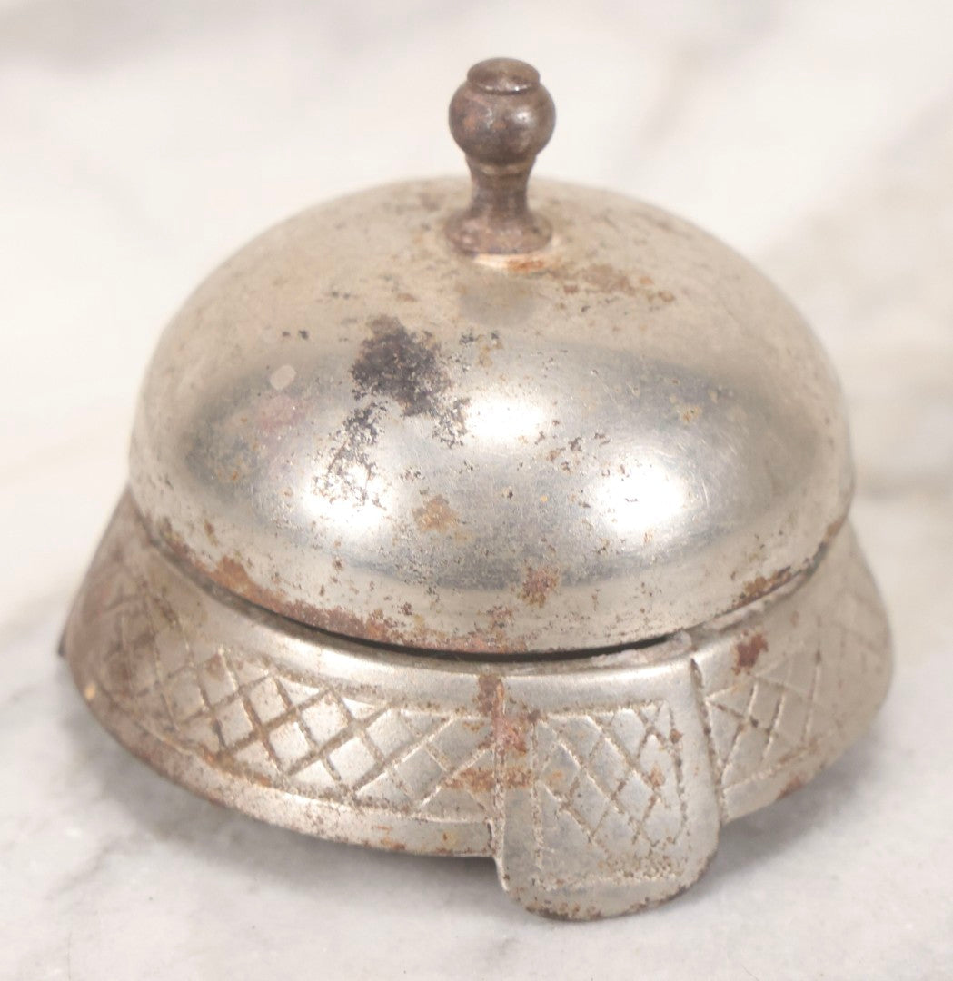 Lot 124 - Antique Desk Bell With Cast Iron Crosshatch Base And Chrome Push-Button Bell, 2-1/2" H