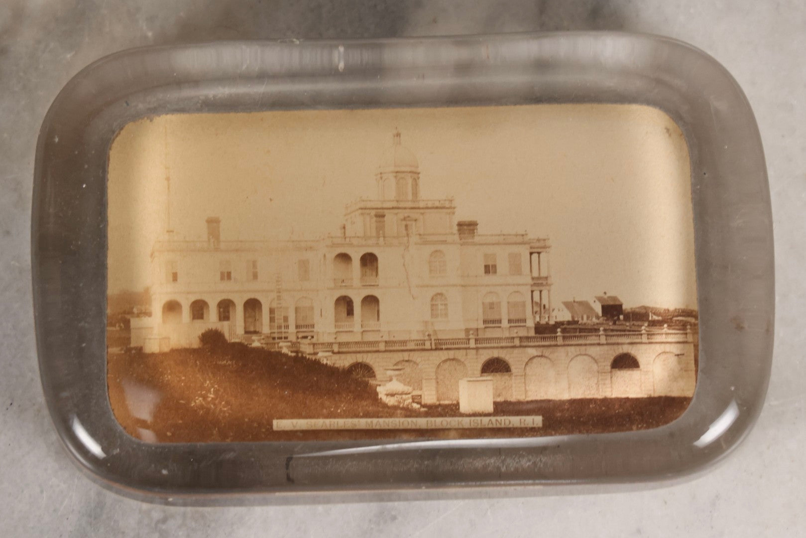 Lot 128 - Antique Glass Photo Paperweight Depicting Edward F. Searles' Mansion (“Searles' Folly”), Block Island, Rhode Island