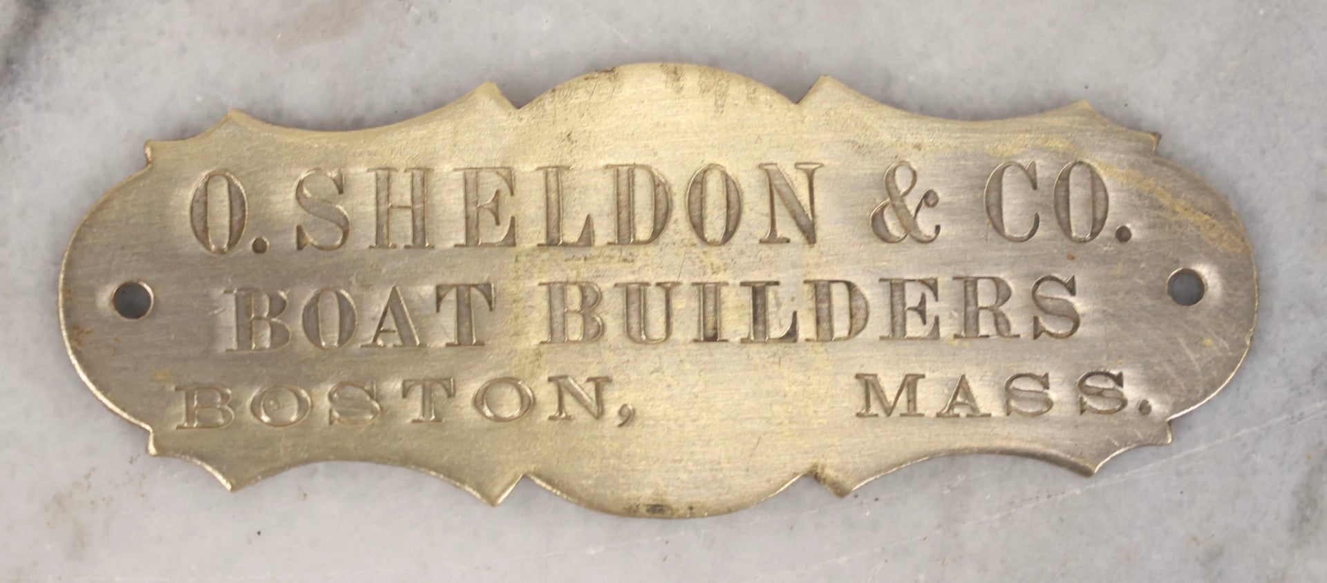 Lot 130 - Antique Brass Nameplate For O. Sheldon & Co. Boat Builders, Boston, Massachusetts, Circa Late 19th Century