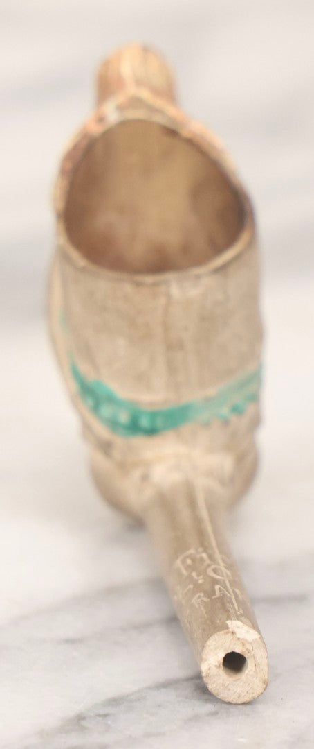 Lot 132 - Antique Painted Clay Figural Pipe Of A Busty Blonde Woman Sitting On A Chamber Pot, Stamped L. Fiolet, St. Omer, France, Note Stem Broken, 3-1/8" L