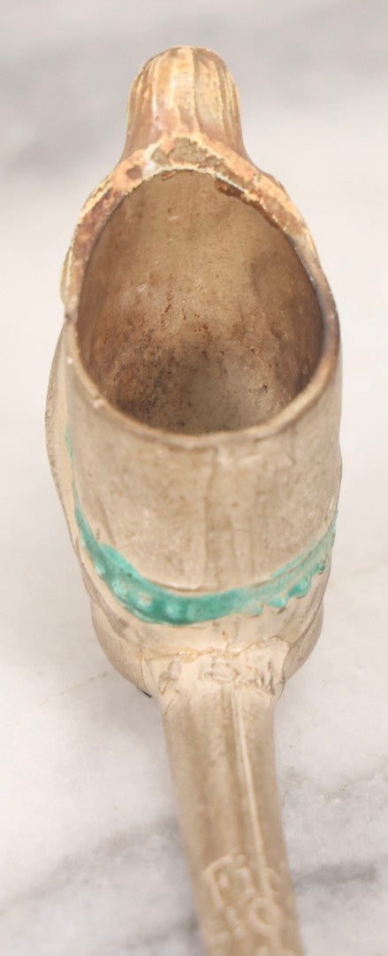 Lot 132 - Antique Painted Clay Figural Pipe Of A Busty Blonde Woman Sitting On A Chamber Pot, Stamped L. Fiolet, St. Omer, France, Note Stem Broken, 3-1/8" L