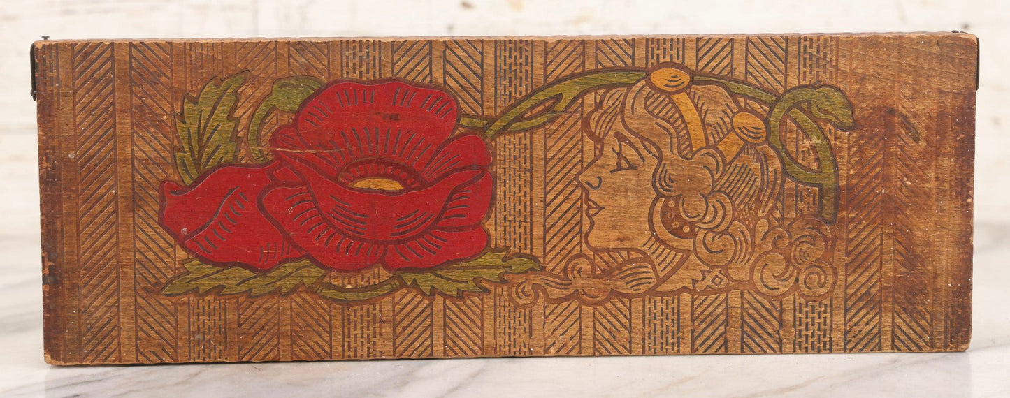Lot 135 - Vintage Pyrography Glove Box With Painted Floral Lid And Matching Interior Design, Mid 20th Century