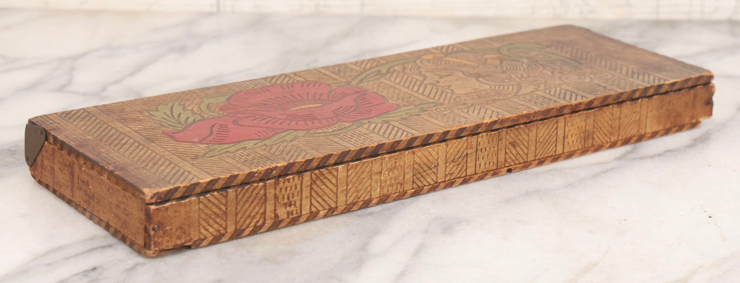 Lot 135 - Vintage Pyrography Glove Box With Painted Floral Lid And Matching Interior Design, Mid 20th Century
