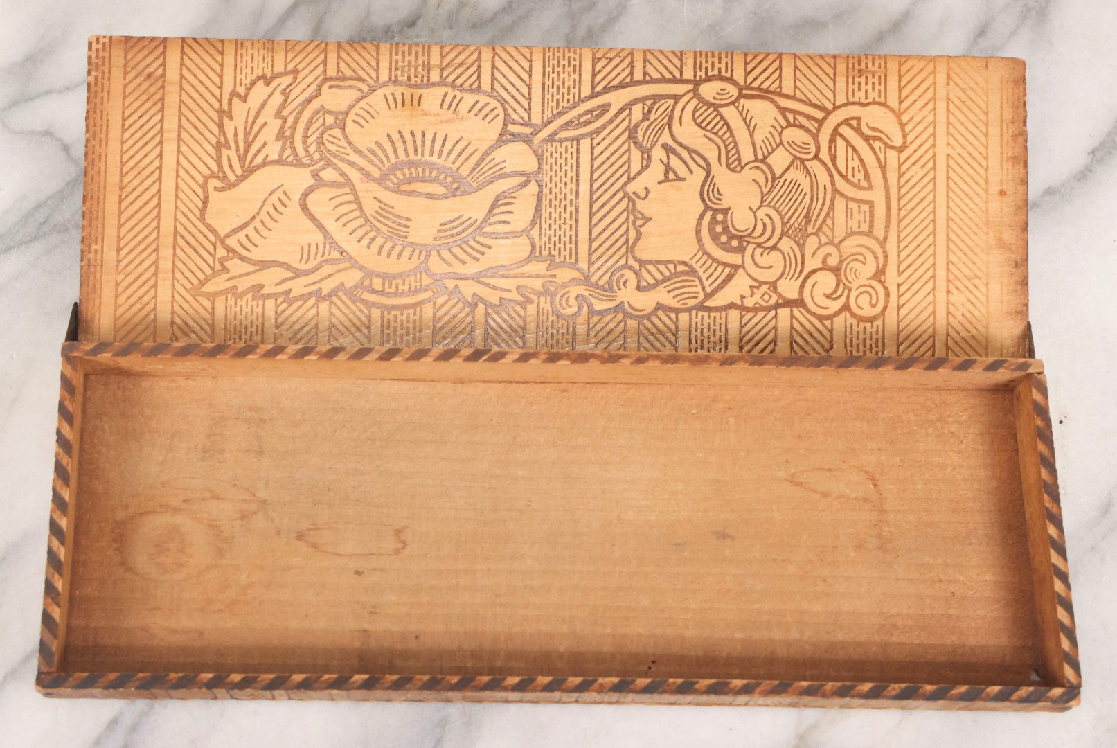 Lot 135 - Vintage Pyrography Glove Box With Painted Floral Lid And Matching Interior Design, Mid 20th Century