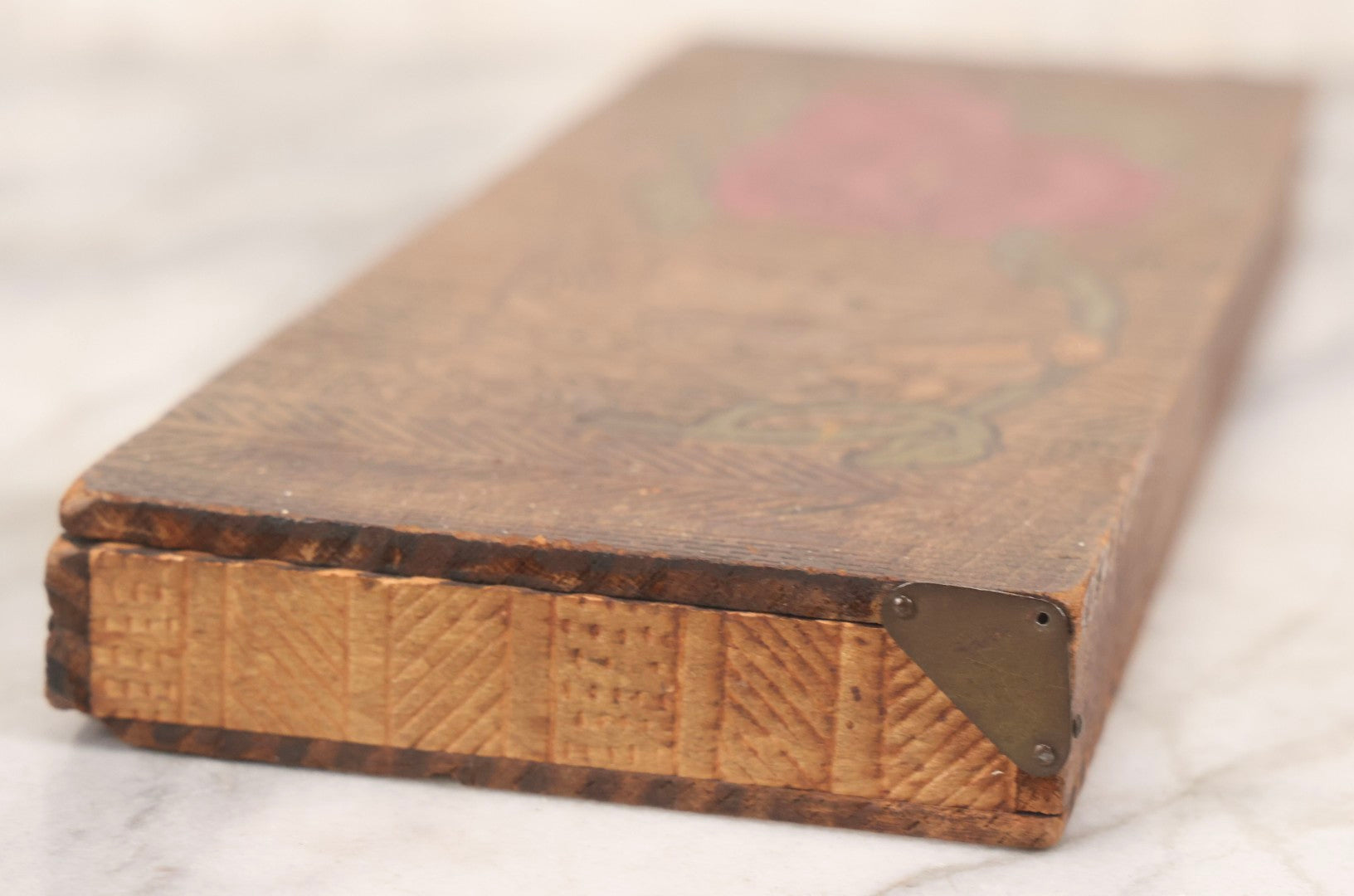 Lot 135 - Vintage Pyrography Glove Box With Painted Floral Lid And Matching Interior Design, Mid 20th Century