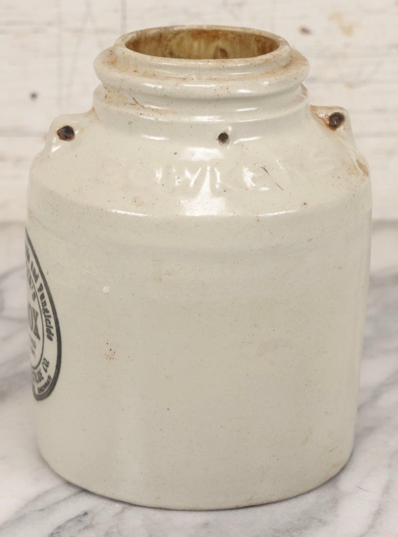 Lot 136 - Antique Stoneware Crock For Bowker's Pyrox Combined Insecticide And Fungicide, Boston, Baltimore, And Cincinnati, 7-1/8" H