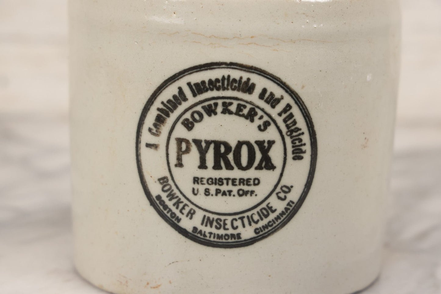 Lot 136 - Antique Stoneware Crock For Bowker's Pyrox Combined Insecticide And Fungicide, Boston, Baltimore, And Cincinnati, 7-1/8" H