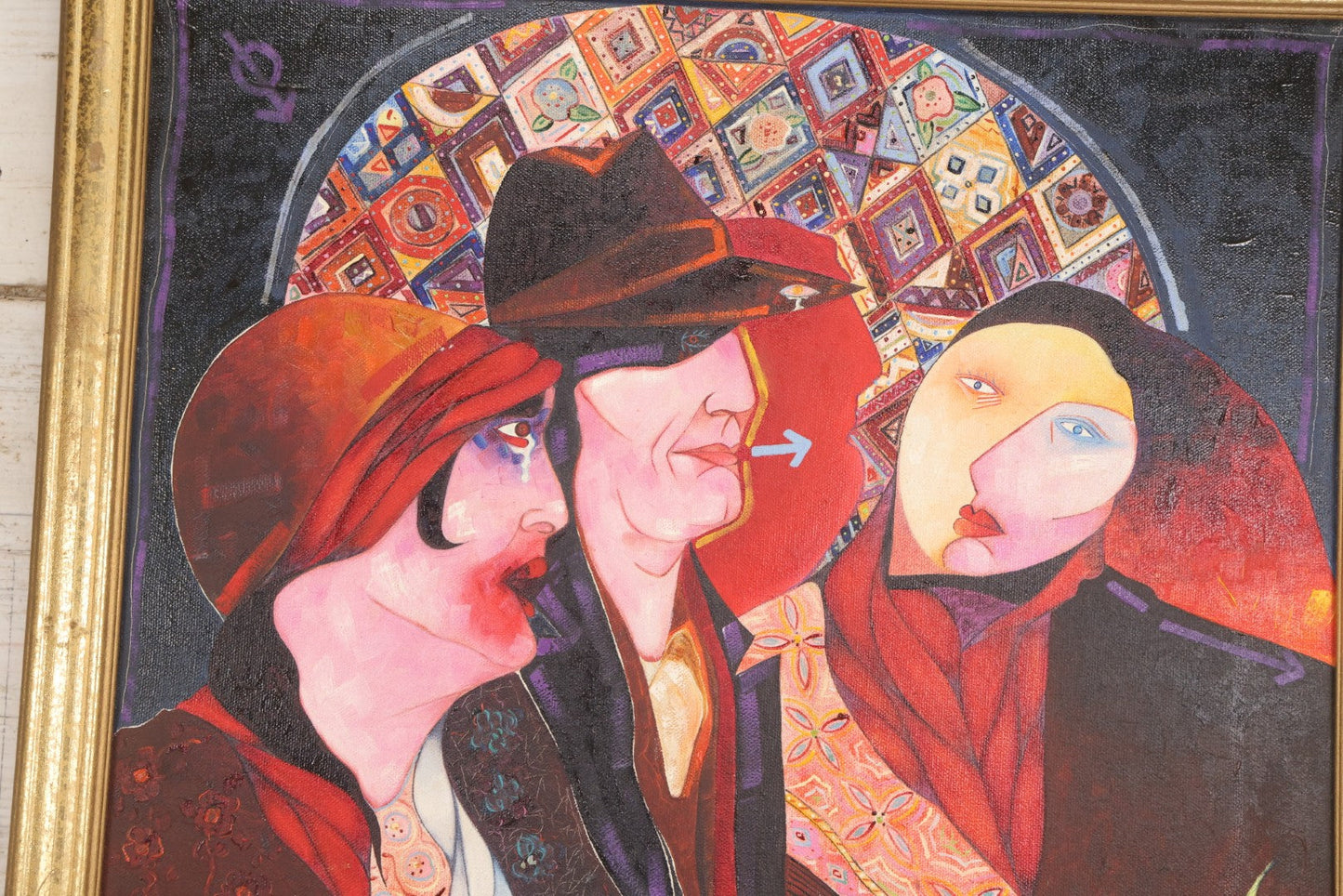 Lot 142 - Oil On Canvas Painting Titled “The Triangle” Depicting Three Stylized Figures Before A Geometric Backdrop, Artist Signed, Illegible, Boston, 1988, 20-1/4" x 26-1/4"