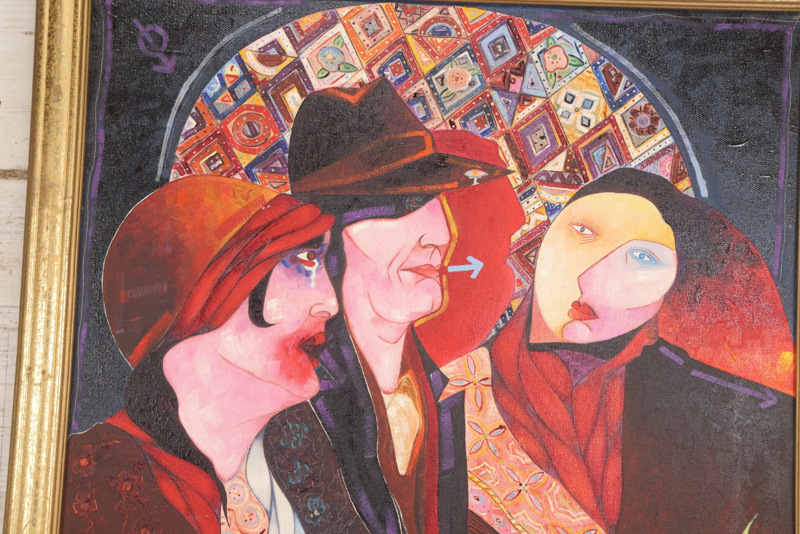 Lot 142 - Oil On Canvas Painting Titled “The Triangle” Depicting Three Stylized Figures Before A Geometric Backdrop, Artist Signed, Illegible, Boston, 1988, 20-1/4" x 26-1/4"