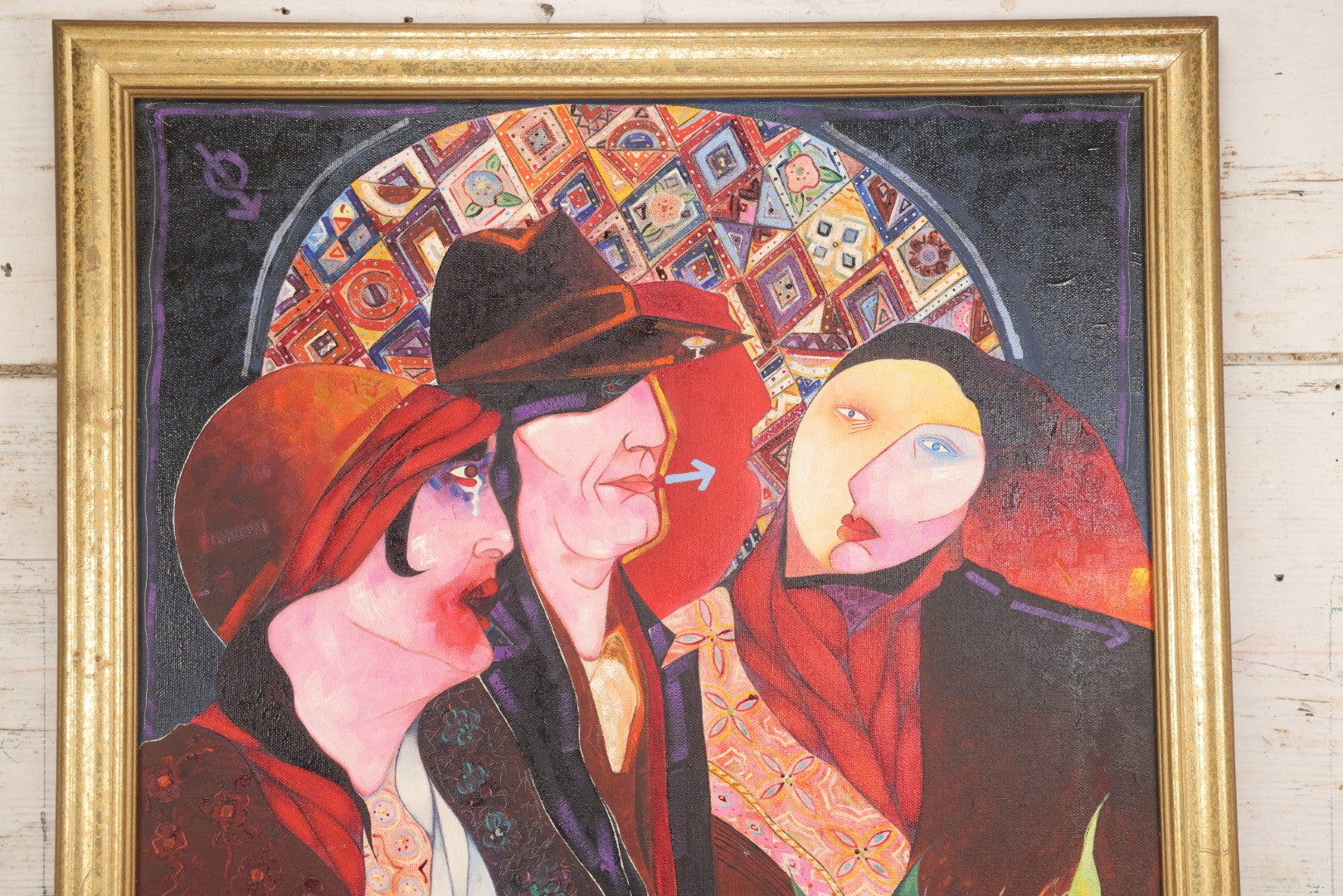 Lot 142 - Oil On Canvas Painting Titled “The Triangle” Depicting Three Stylized Figures Before A Geometric Backdrop, Artist Signed, Illegible, Boston, 1988, 20-1/4" x 26-1/4"