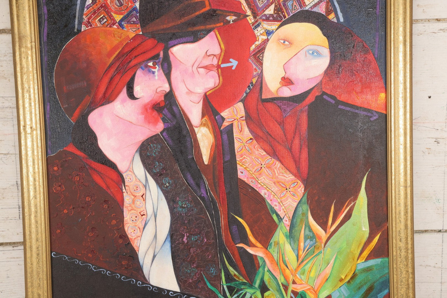 Lot 142 - Oil On Canvas Painting Titled “The Triangle” Depicting Three Stylized Figures Before A Geometric Backdrop, Artist Signed, Illegible, Boston, 1988, 20-1/4" x 26-1/4"