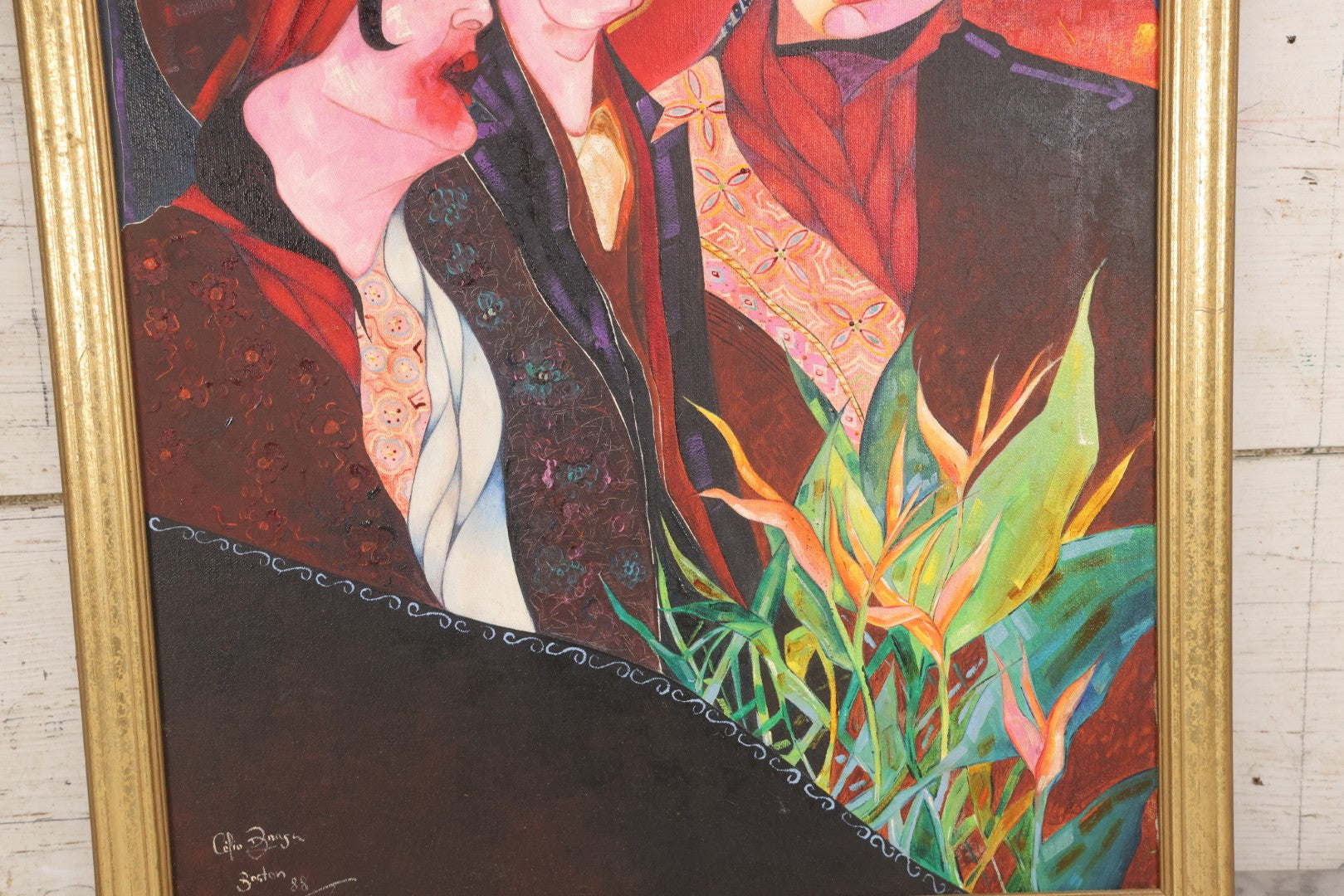 Lot 142 - Oil On Canvas Painting Titled “The Triangle” Depicting Three Stylized Figures Before A Geometric Backdrop, Artist Signed, Illegible, Boston, 1988, 20-1/4" x 26-1/4"