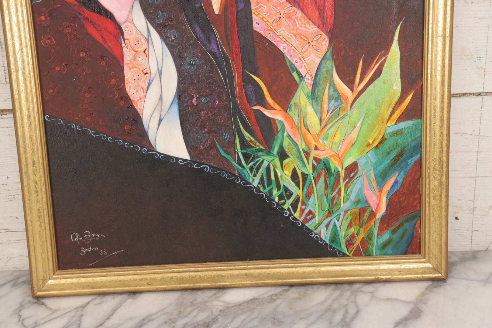 Lot 142 - Oil On Canvas Painting Titled “The Triangle” Depicting Three Stylized Figures Before A Geometric Backdrop, Artist Signed, Illegible, Boston, 1988, 20-1/4" x 26-1/4"