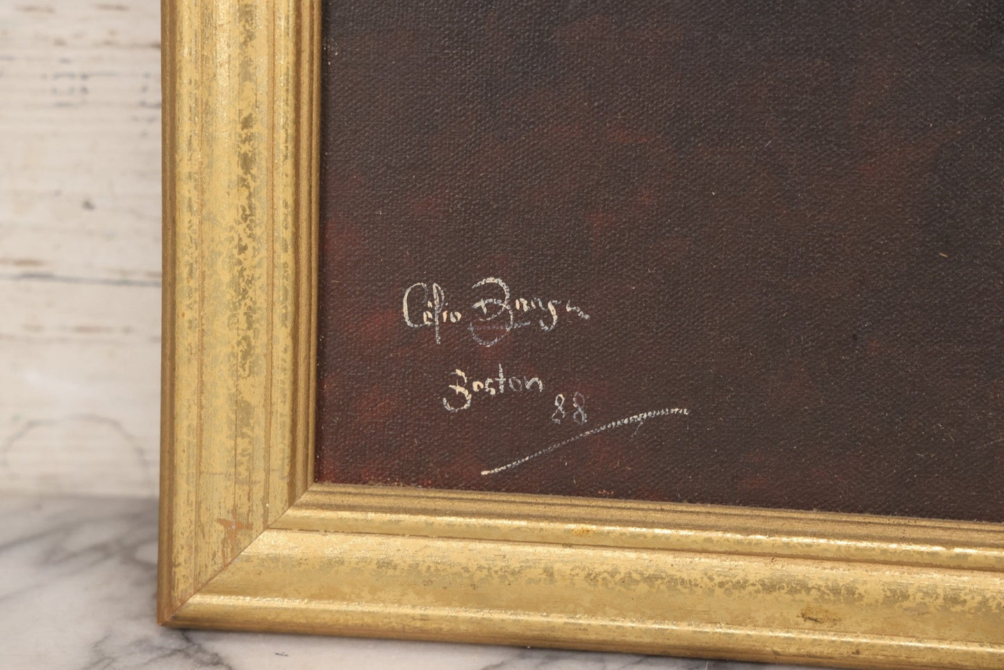 Lot 142 - Oil On Canvas Painting Titled “The Triangle” Depicting Three Stylized Figures Before A Geometric Backdrop, Artist Signed, Illegible, Boston, 1988, 20-1/4" x 26-1/4"