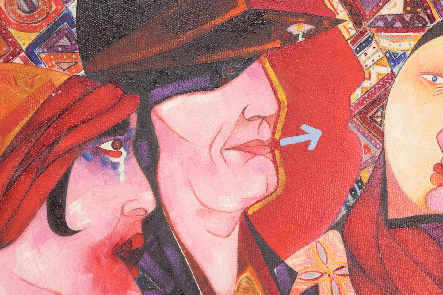 Lot 142 - Oil On Canvas Painting Titled “The Triangle” Depicting Three Stylized Figures Before A Geometric Backdrop, Artist Signed, Illegible, Boston, 1988, 20-1/4" x 26-1/4"