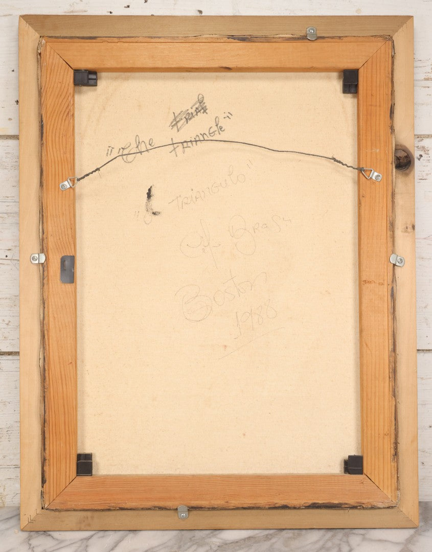 Lot 142 - Oil On Canvas Painting Titled “The Triangle” Depicting Three Stylized Figures Before A Geometric Backdrop, Artist Signed, Illegible, Boston, 1988, 20-1/4" x 26-1/4"