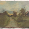 Lot 143 - Antique Oil On Canvas Painting Of River Scene With Adult And Child Fishing, Trees, Birds, And Rustic House With Smoking Chimney, 16" x 10"