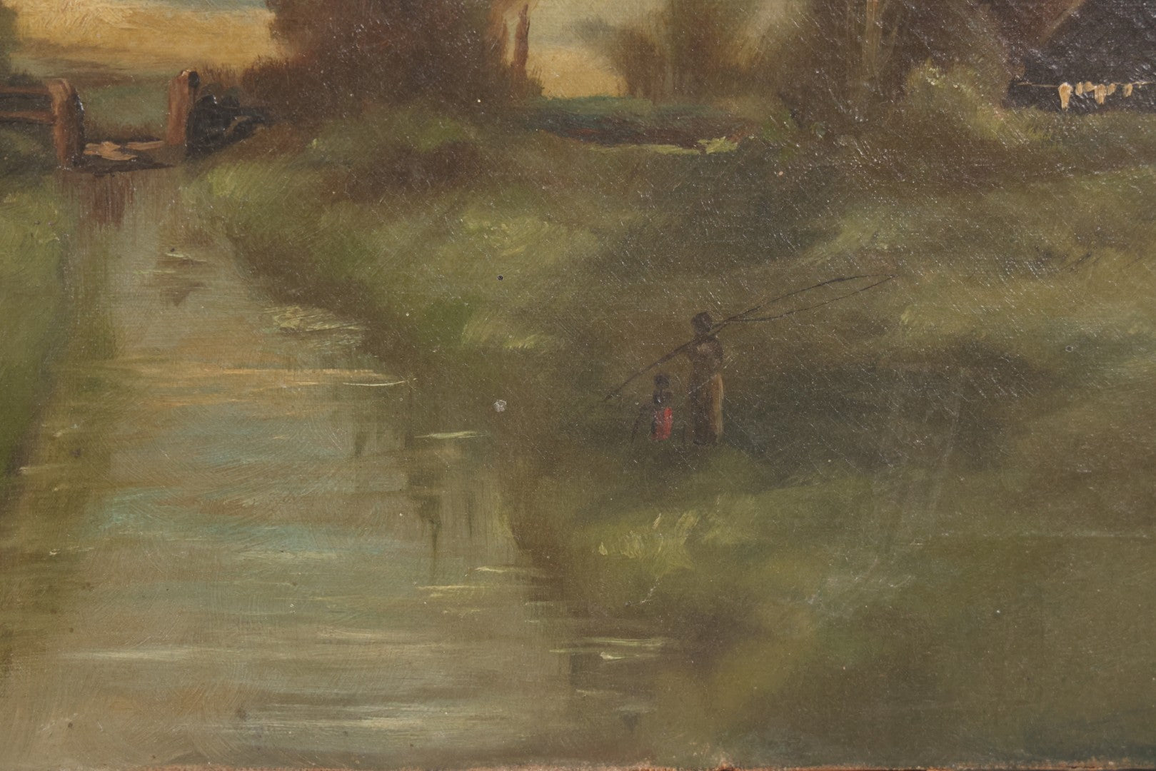 Lot 143 - Antique Oil On Canvas Painting Of River Scene With Adult And Child Fishing, Trees, Birds, And Rustic House With Smoking Chimney, 16" x 10"