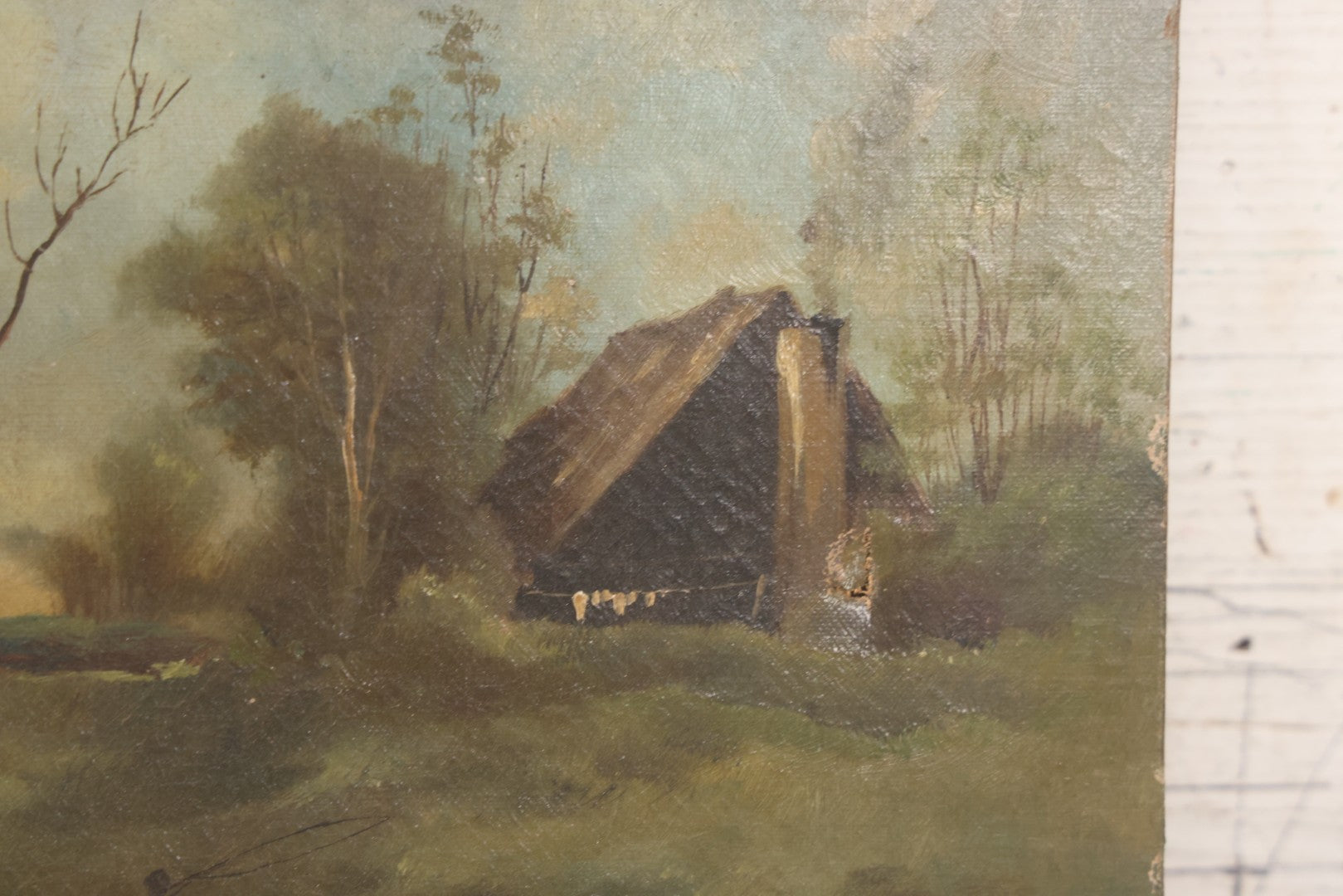 Lot 143 - Antique Oil On Canvas Painting Of River Scene With Adult And Child Fishing, Trees, Birds, And Rustic House With Smoking Chimney, 16" x 10"