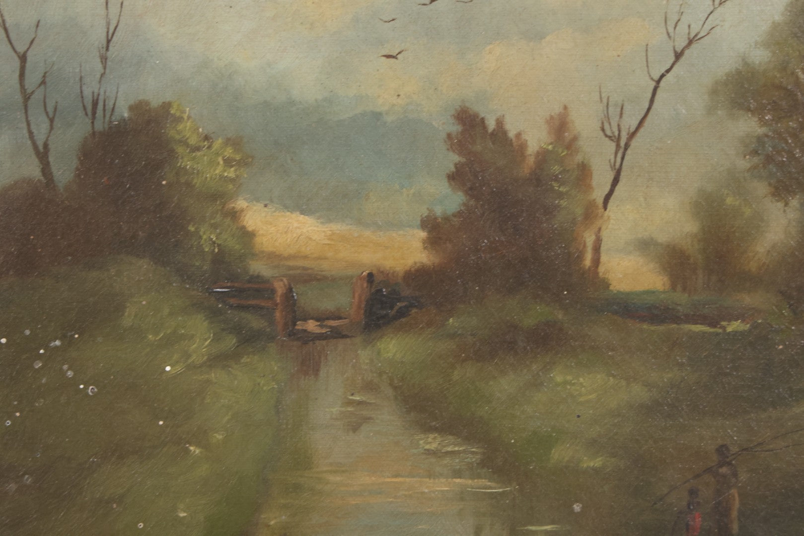 Lot 143 - Antique Oil On Canvas Painting Of River Scene With Adult And Child Fishing, Trees, Birds, And Rustic House With Smoking Chimney, 16" x 10"