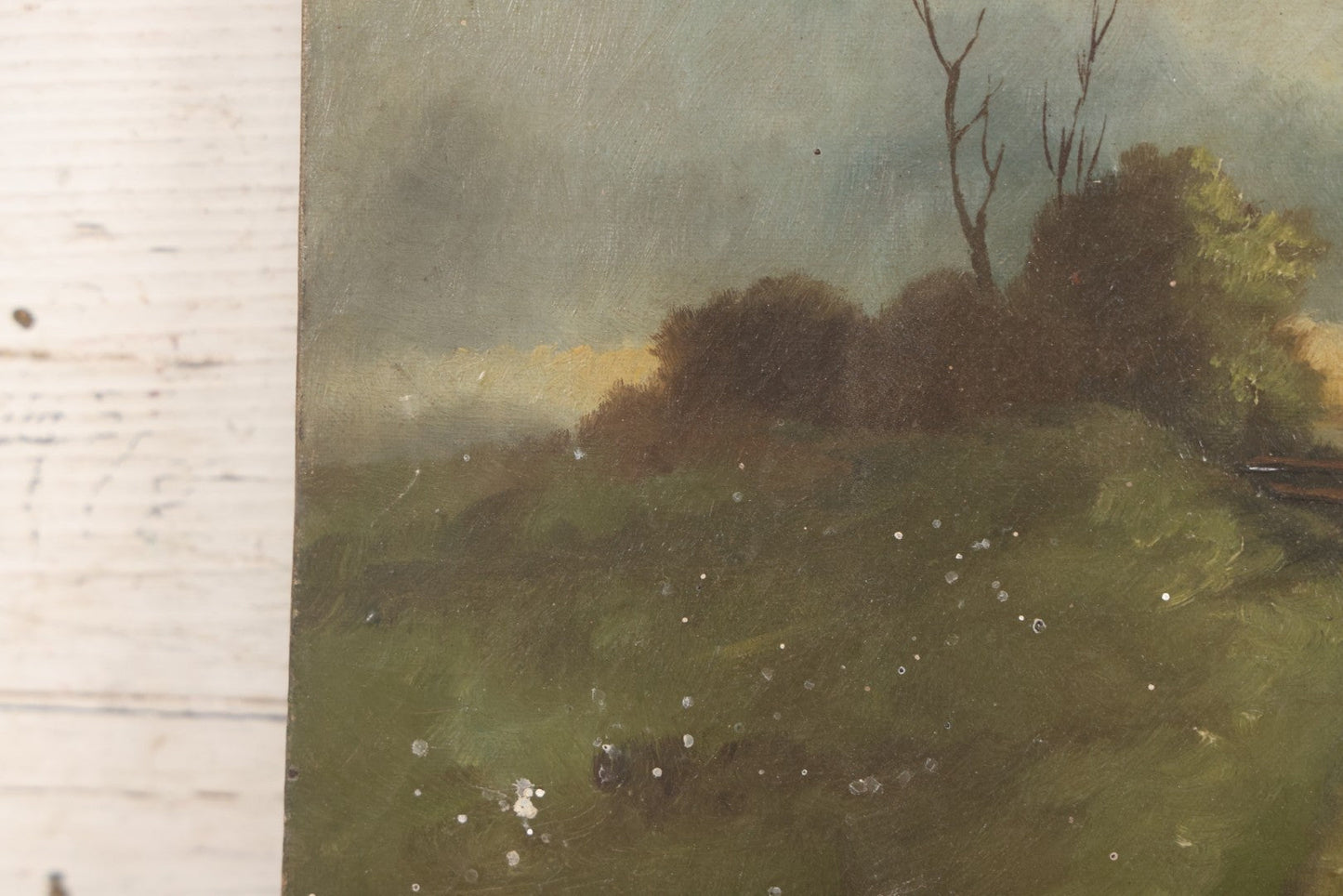 Lot 143 - Antique Oil On Canvas Painting Of River Scene With Adult And Child Fishing, Trees, Birds, And Rustic House With Smoking Chimney, 16" x 10"