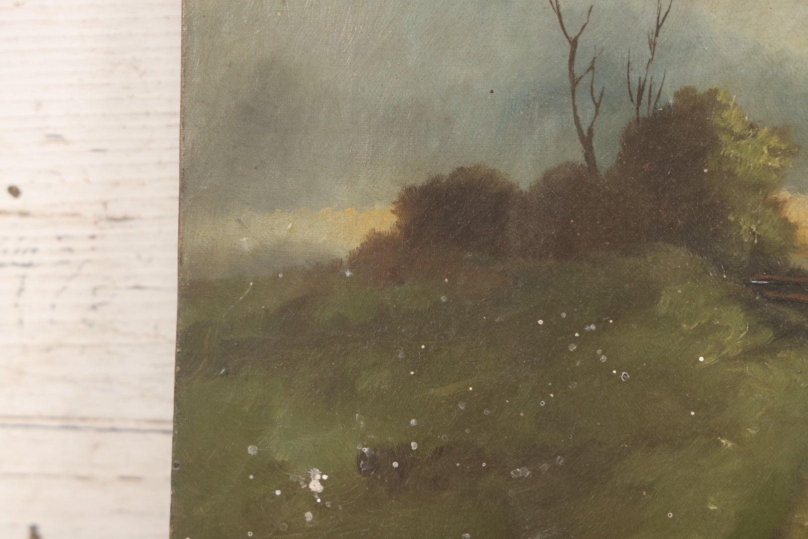 Lot 143 - Antique Oil On Canvas Painting Of River Scene With Adult And Child Fishing, Trees, Birds, And Rustic House With Smoking Chimney, 16" x 10"