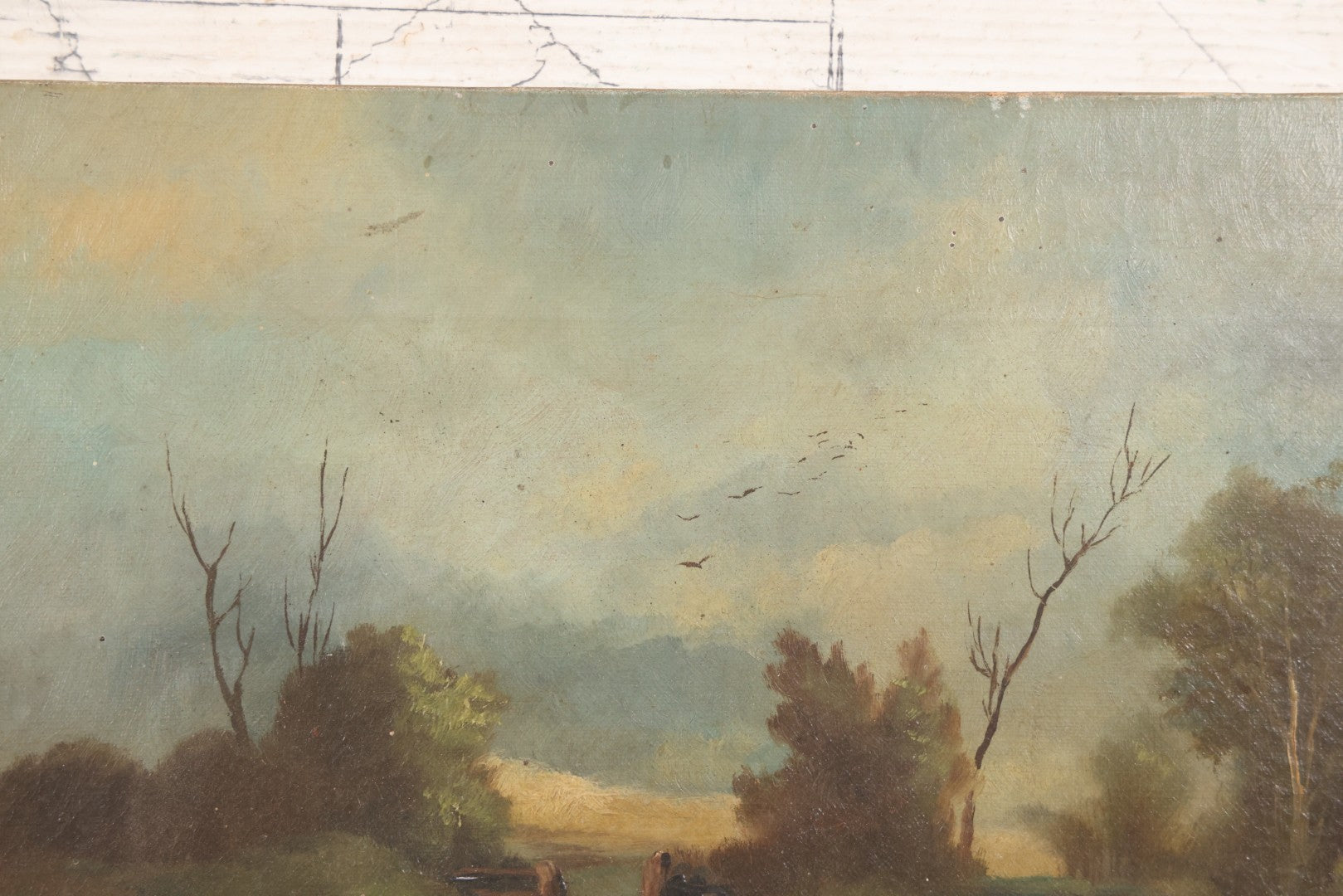 Lot 143 - Antique Oil On Canvas Painting Of River Scene With Adult And Child Fishing, Trees, Birds, And Rustic House With Smoking Chimney, 16" x 10"