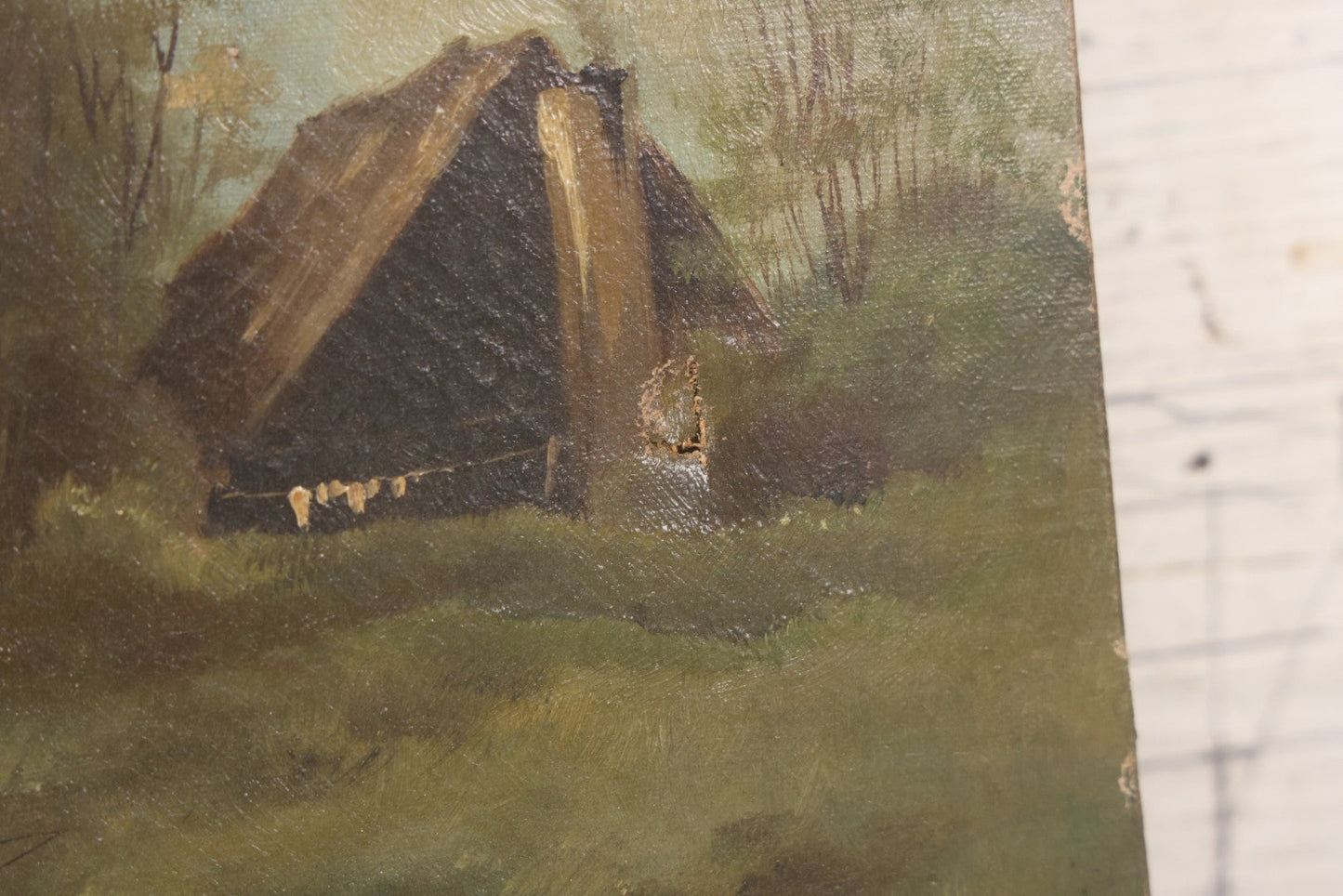 Lot 143 - Antique Oil On Canvas Painting Of River Scene With Adult And Child Fishing, Trees, Birds, And Rustic House With Smoking Chimney, 16" x 10"