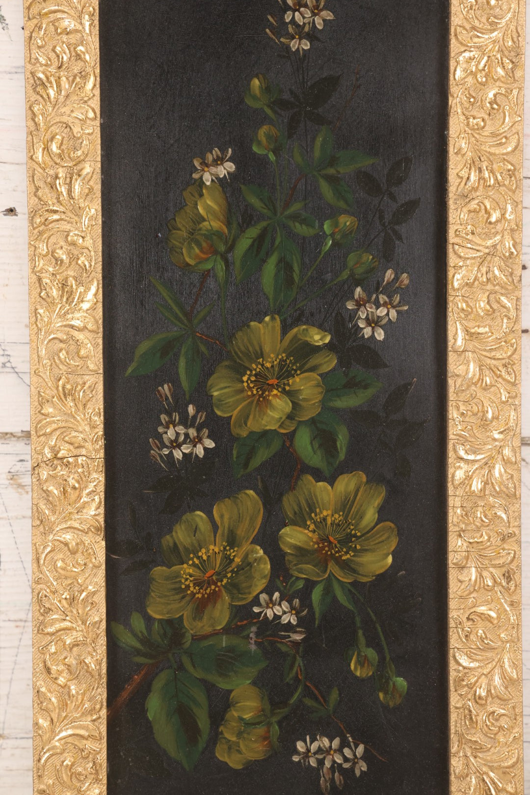 Lot 144 - Antique Oil On Board Painting Of Yellow And White Flowers On Black Background On Tin, In Gilt Wood Frame With Leaf Design, 9-3/8" x 22-1/4"