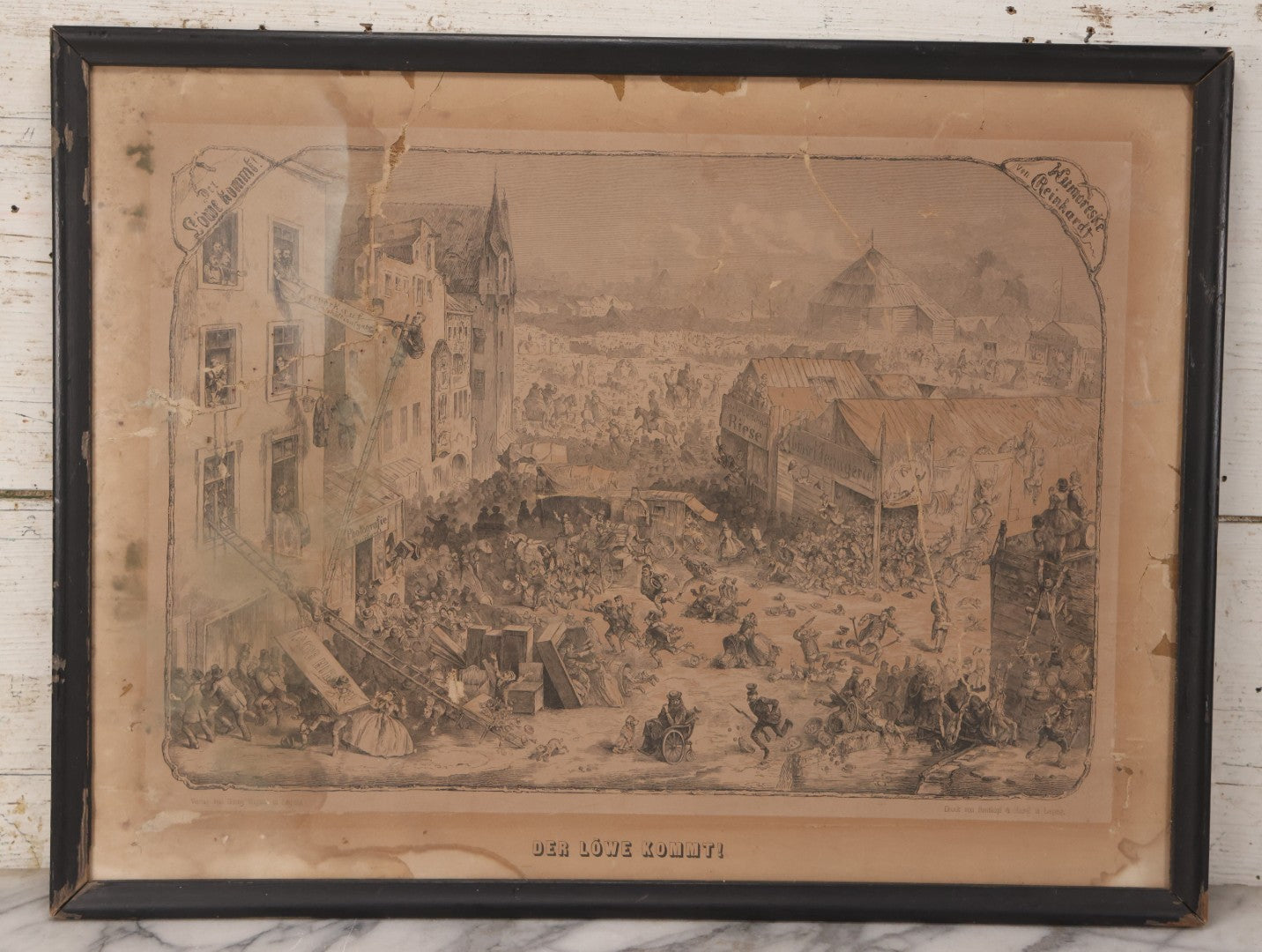 Lot 145 - Antique German Lithograph “Der Löwe Kommt!” (“The Lion Is Coming!”) By Carl August Reinhardt, Published By Georg Wigand, Leipzig, Satiric Scene Of Crowd Panic After Rumored Escaped Circus Lion, Circa Mid 19th Century, Framed, 25" x 19"