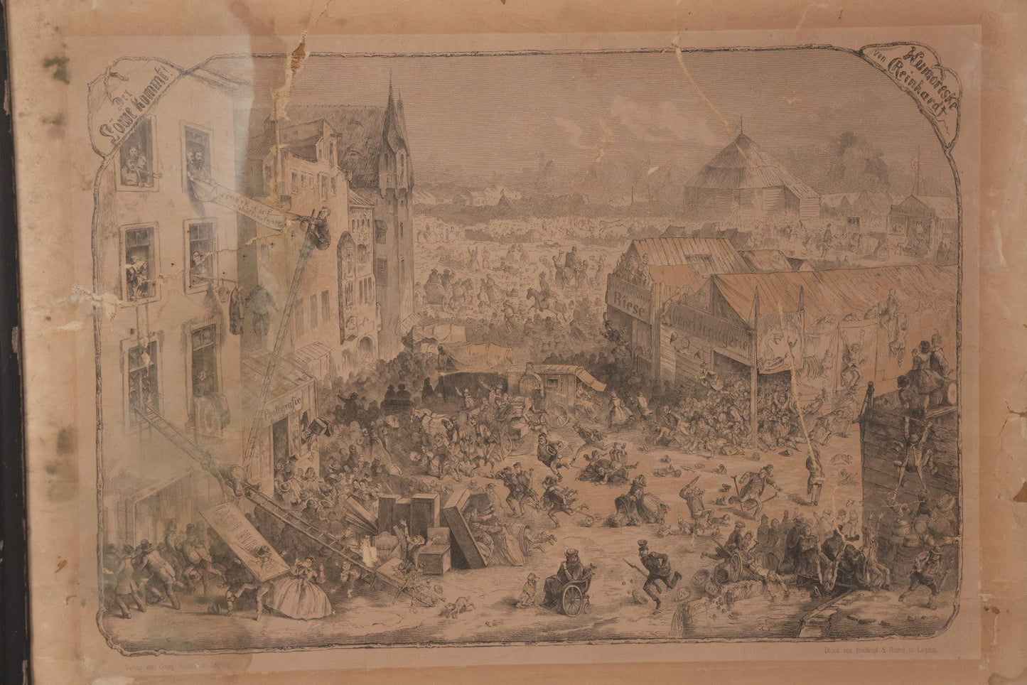 Lot 145 - Antique German Lithograph “Der Löwe Kommt!” (“The Lion Is Coming!”) By Carl August Reinhardt, Published By Georg Wigand, Leipzig, Satiric Scene Of Crowd Panic After Rumored Escaped Circus Lion, Circa Mid 19th Century, Framed, 25" x 19"