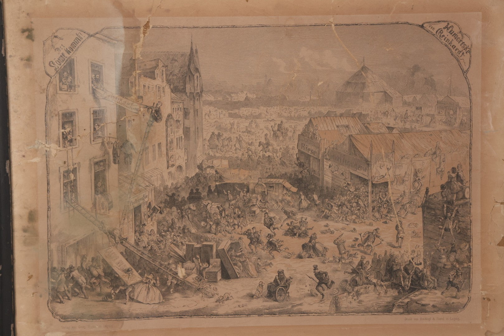 Lot 145 - Antique German Lithograph “Der Löwe Kommt!” (“The Lion Is Coming!”) By Carl August Reinhardt, Published By Georg Wigand, Leipzig, Satiric Scene Of Crowd Panic After Rumored Escaped Circus Lion, Circa Mid 19th Century, Framed, 25" x 19"