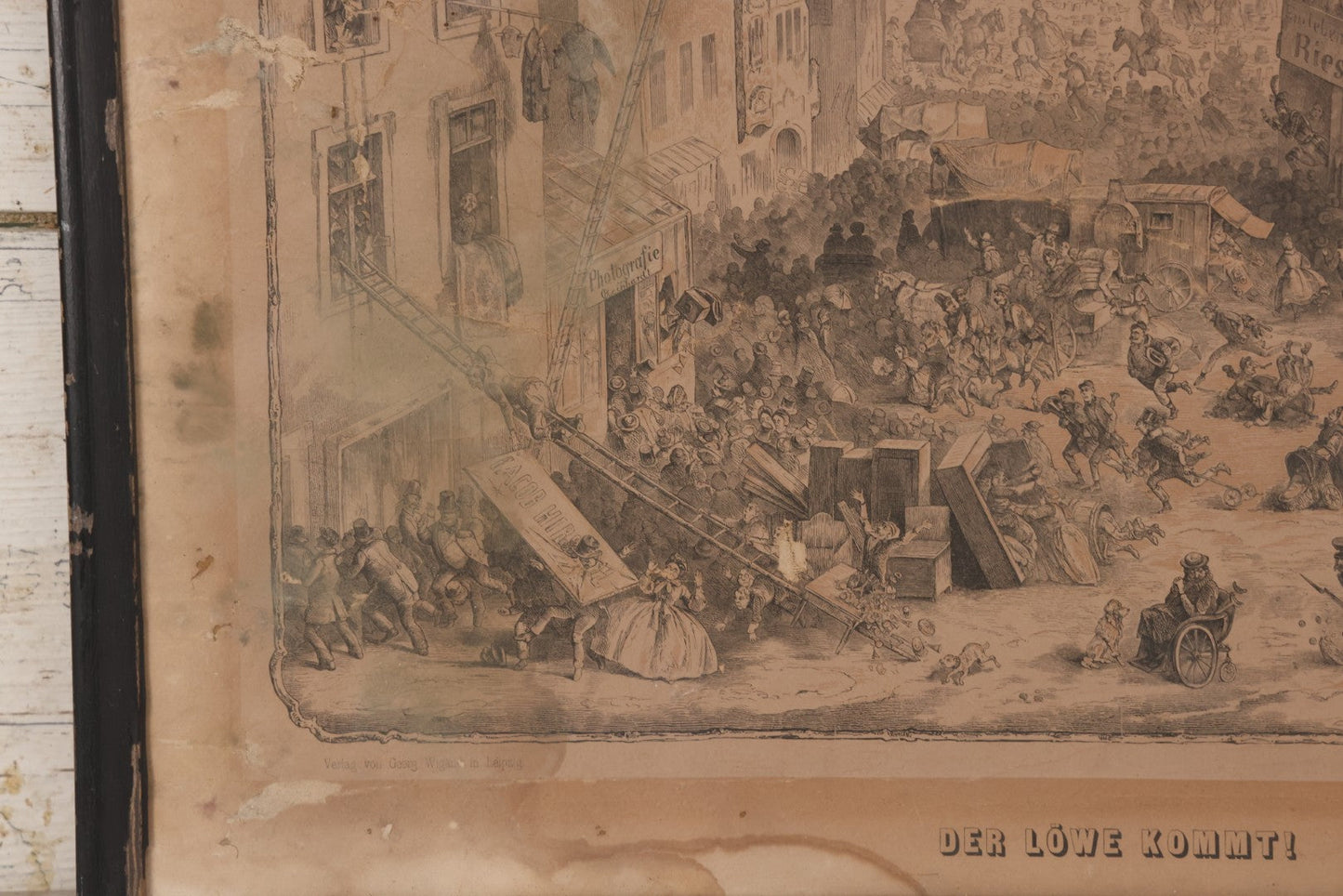 Lot 145 - Antique German Lithograph “Der Löwe Kommt!” (“The Lion Is Coming!”) By Carl August Reinhardt, Published By Georg Wigand, Leipzig, Satiric Scene Of Crowd Panic After Rumored Escaped Circus Lion, Circa Mid 19th Century, Framed, 25" x 19"